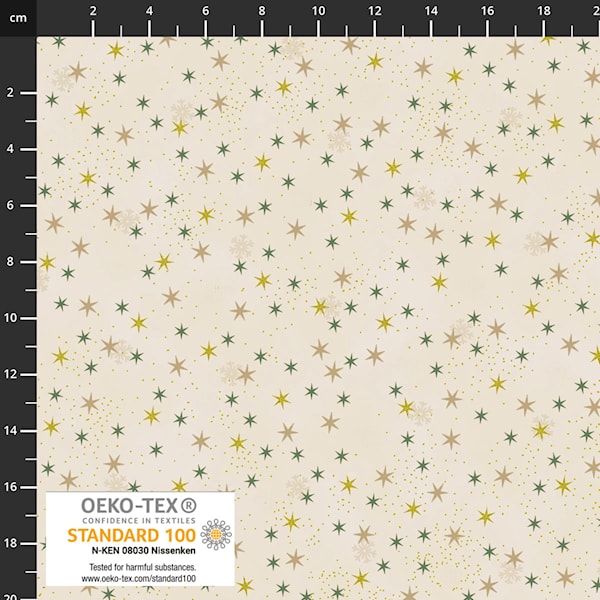 Stof Christmas Stars Cream Gold Green